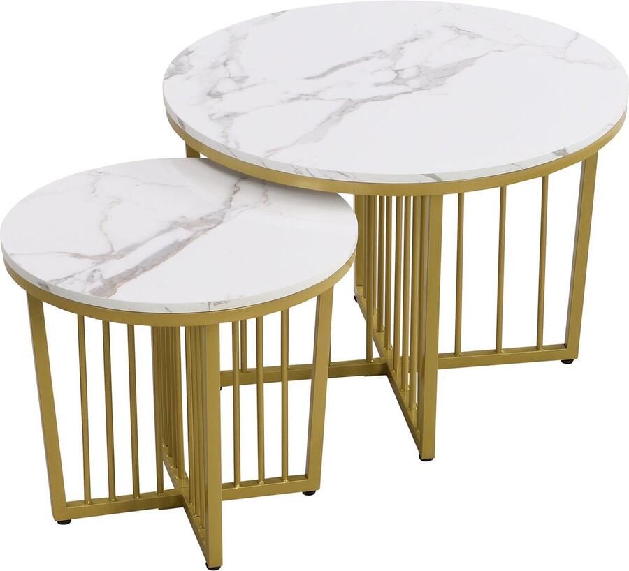 Merax Moderne Salontafel Set van 2 Salontafels met Draaifunctie Bijzettafels met Marmerlook Wit met Goud