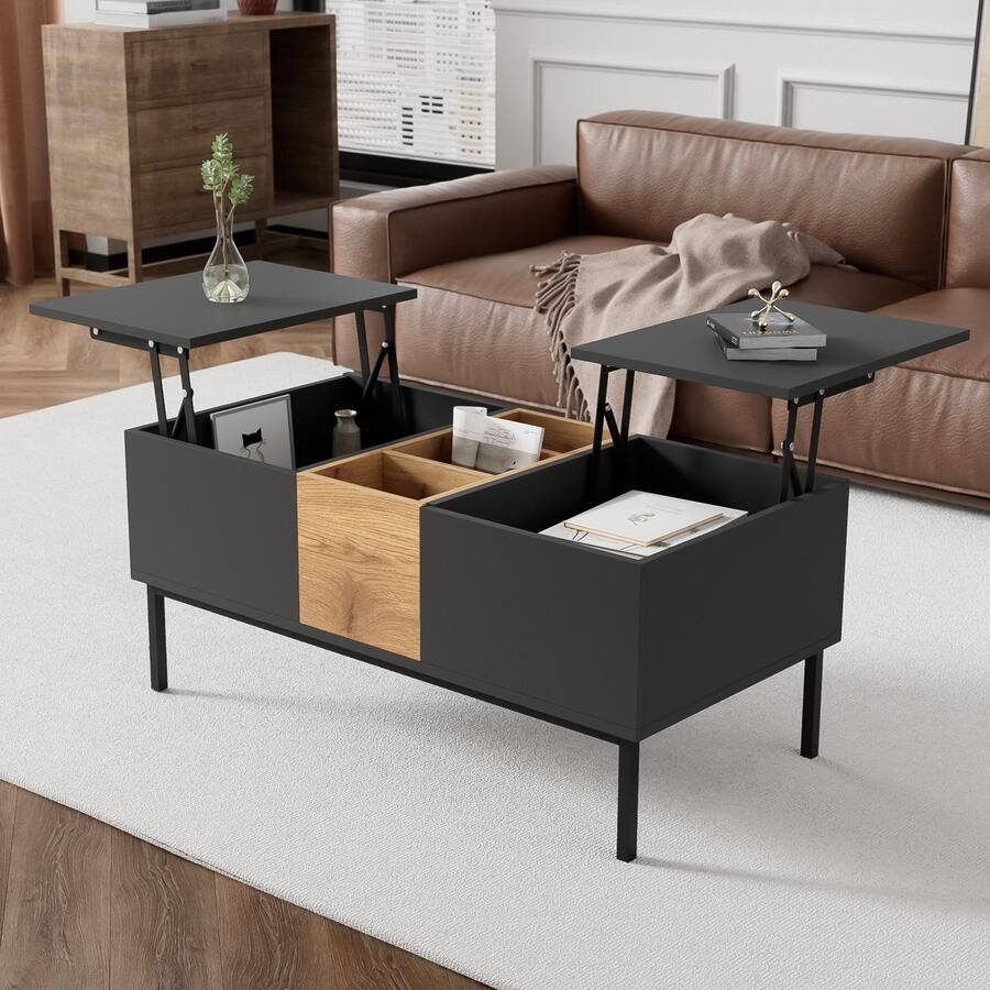 Merax Moderne salontafel Verstelbaar blad Zwartgrijs & houtlook Hoogteverstelbaar Flexibel en veelzijdig 100x50 cm