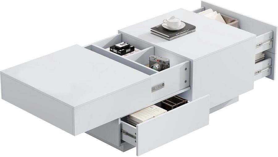 Merax Moderne Salontafel – Wit – Met Verschuifbaar Tafelblad en 4 Opberglades – 90x55x45 cm – Woonkamertafel met Veel Opbergruimte