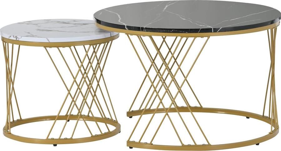 Merax Moderne Nesting Couchtisch Satz Marmor Furnier Sofa Seite Nest von Tischen Runde Endtische Satz von 2 Goldene Farbe Frame - Foto 2