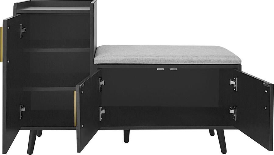 Merax Moderne Schoenenbank met Opbergruimte Walnootkleurige Schoenopberger met Drie Deuren en Asymmetrische Metalen Handgrepen – Zithoek met Meerdere Opbergvlakken – Afmetingen