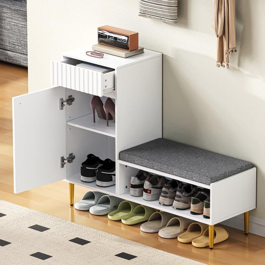Merax Moderne schoenenkast met bankje 1 deur 1 lade 1 open vak met zacht kussen wit 100x35x82 -2 cm