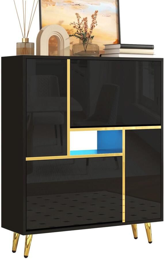 Merax Moderne Schoenenkast met Hoogglans Front en 16-kleurig LED Verlichting Kast voor Schoenen Zwart met Goud