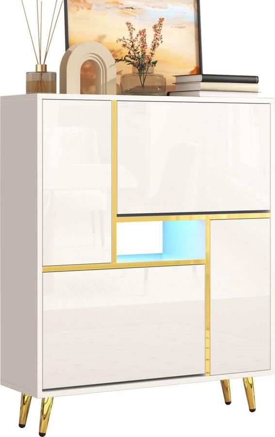 Merax Moderne Schoenenkast met LED Verlichting – Hoogglans Deuren Verstelbare Schappen Wit – 80x25x96 cm