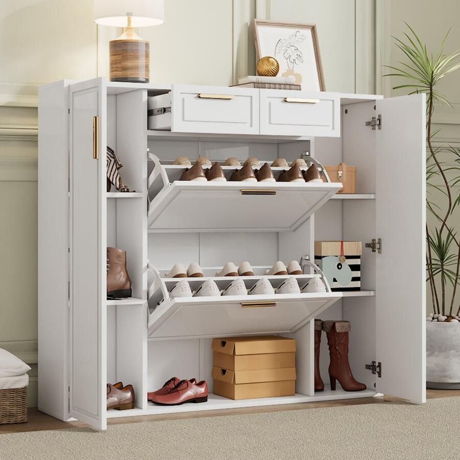 Merax Moderne schoenenkast met verstelbare legplanken 2 lades opklapbare schoenenkast wit 120x24x107cm