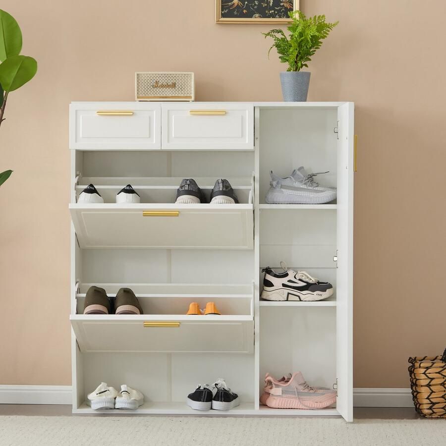 Merax Moderne schoenenkast met verstelbare legplanken gouden handgrepen lades opklapbare schoenenkast en deur wit 95x24x107cm