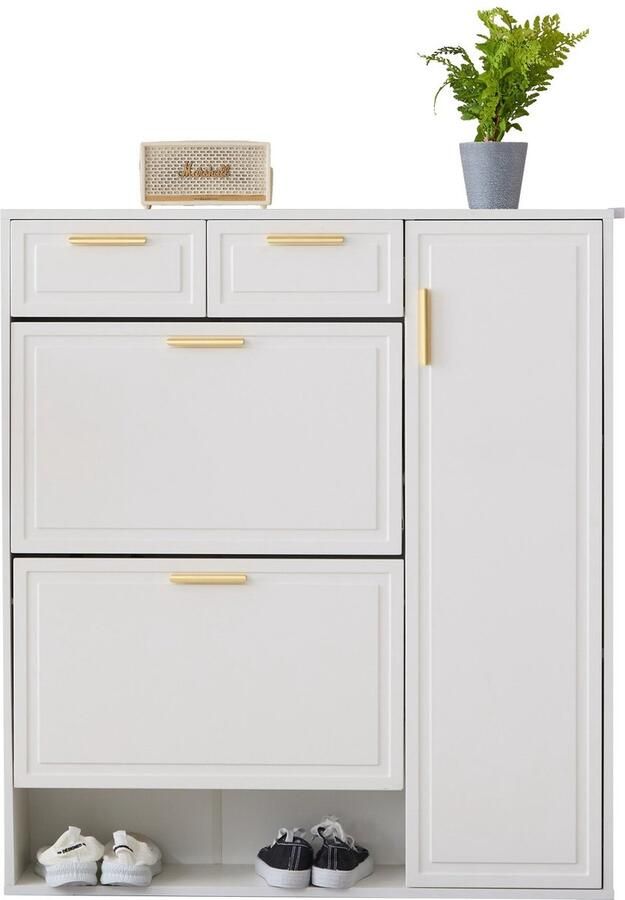 Merax Schoenenkast met Verstelbare Planken – Schoenenrek met Schuiflades Klepdeuren en Gouden Handgrepen – Witte Opbergkast – 95x24x107 5 cm