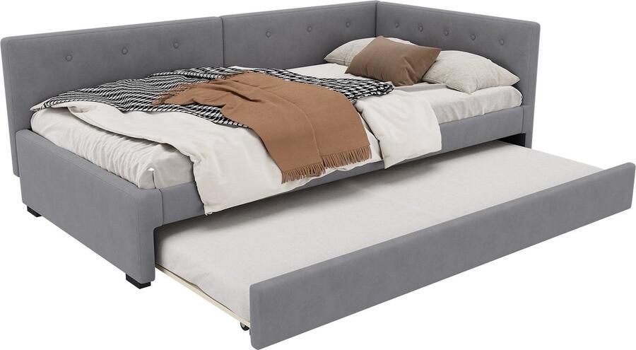 Merax Moderne Slaapbank Eenpersoonsbed 90x200 cm met Extra Uitschuifbaar Bed 90x190 cm Fluweel Gestoffeerd Bed Bank Grijs