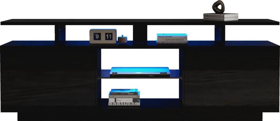 Merax Moderne TV-kast zwart met 16-kleuren LED-verlichting – 1.4 meter breed – Geschikt voor 60 inch TV- Hoogglans deurtjes met glazen paneel Veel opbergruimte