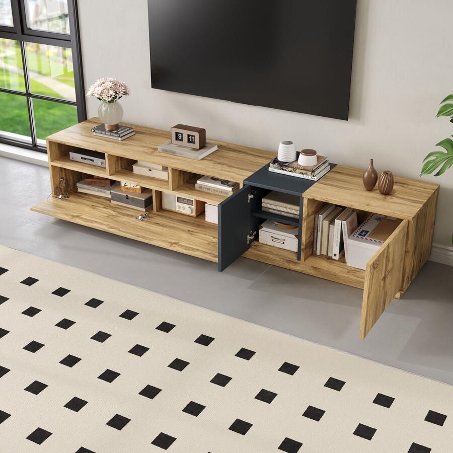 Merax Moderne TV-meubel 200 x 45 x 45 cm met een minimalistisch ontwerp open compartimenten en kabelgaten