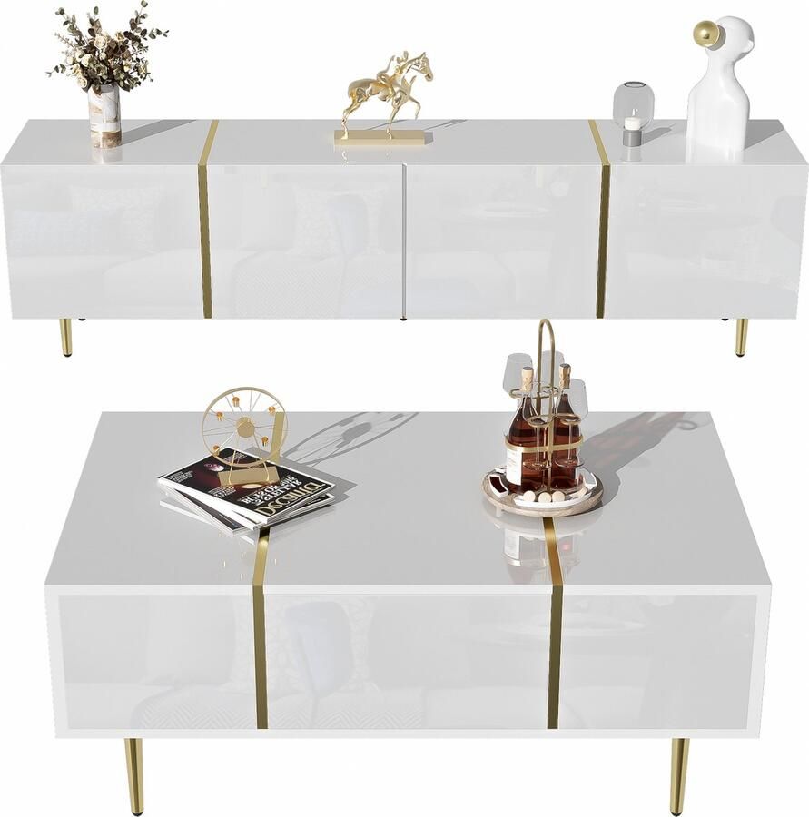 Merax Moderne TV-Meubel en Salontafel Set Hoogglans Wit met Gouden Accenten
