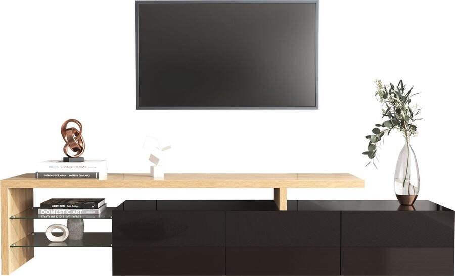Merax Moderne TV-Meubel in Hoogglans Zwart met Houtlook Bruin en LED-Verlichting 197.5 cm - Foto 2