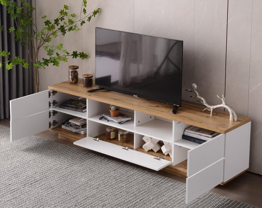 Merax Moderne TV-meubel in wit met houtnerf 180 cm Stijlvolle Colorblocking-design