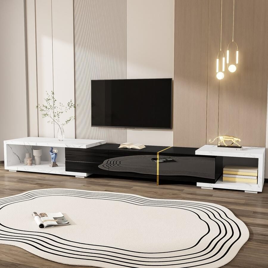 Merax Moderne Tv-meubel met variabele lengte (140-260 cm) draaifunctie wit marmeren buitenkant met matzwarte afwerking