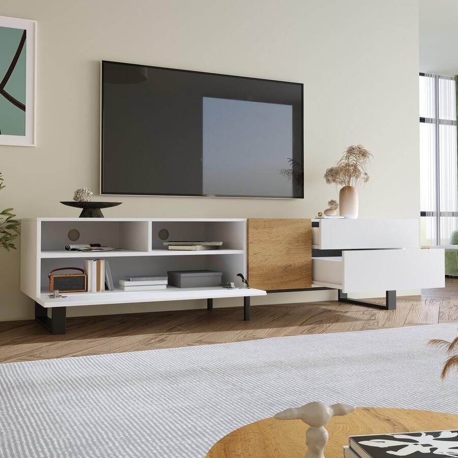 Merax Moderne Tv-meubel wit en houtlook 180 x 50 x 38 cm minimalistisch design
