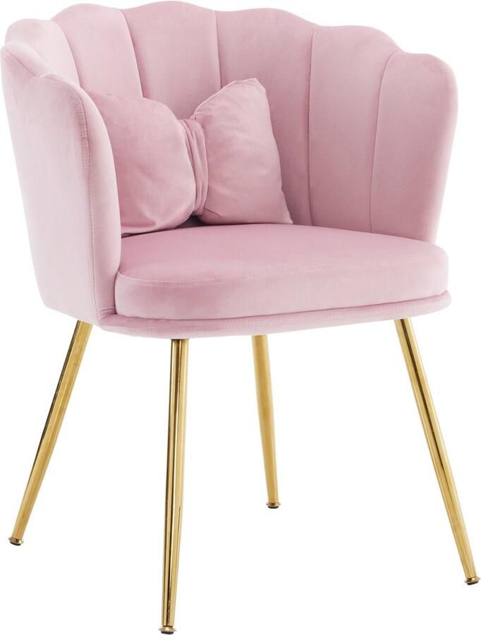 Merax Moderne Velvet Fauteuil met Bloemblad Rugleuning Gestoffeerde Stoel met Vlinderkussen Roze met Goud