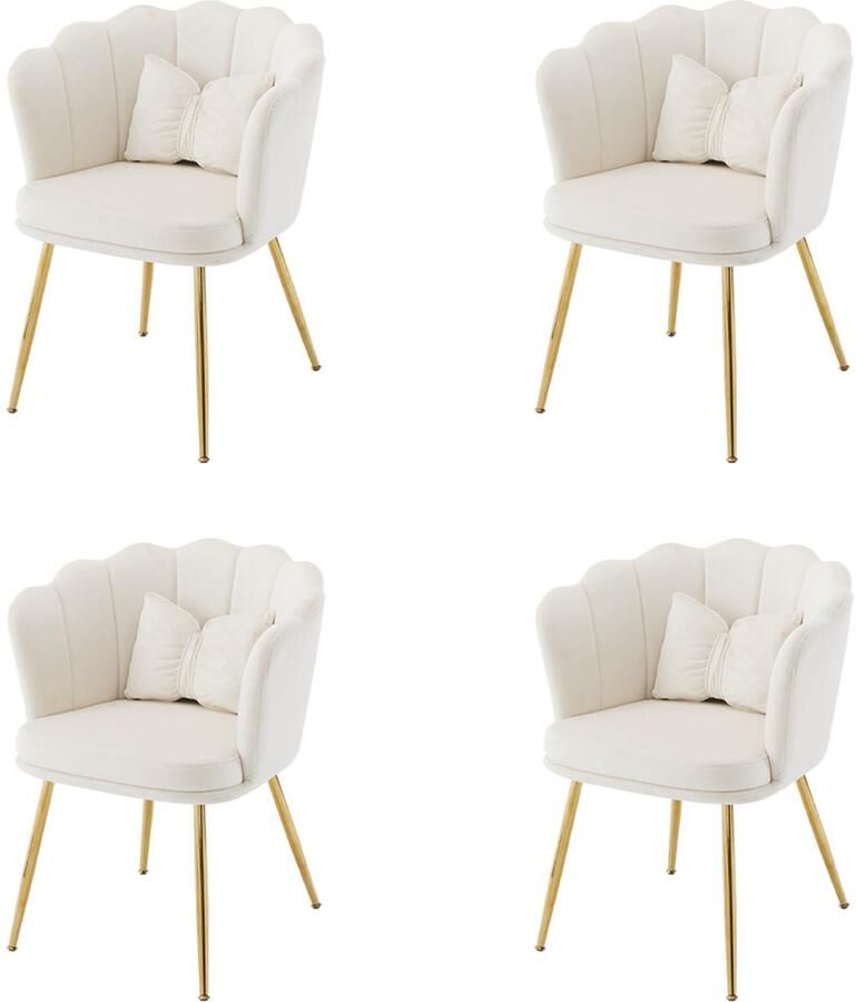 Merax Moderne Velvet Stoelen Set van 4 met Sierkussens – Fauteuil met Bloemblaadjes Vorm Rugleuning en Vergulde Metalen Poten – Beige met Goud