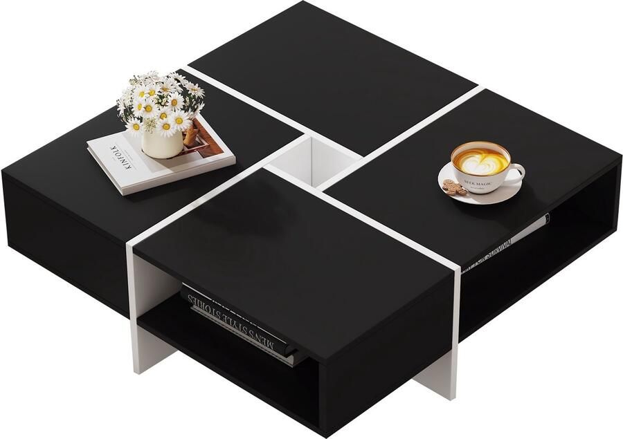 Merax Moderne Vierkante Salontafel 70x70x35 cm Zwart wit Design met 5 Open Opbergvakken en 10x10 cm Middenvak - Foto 2