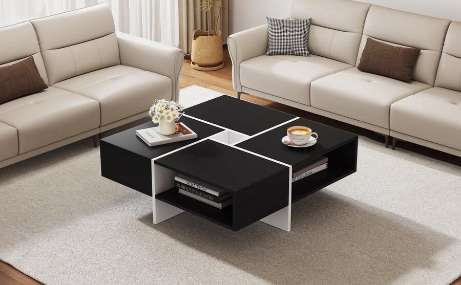 Merax Moderne Vierkante Salontafel 70x70x35 cm Zwart wit Design met 5 Open Opbergvakken en 10x10 cm Middenvak
