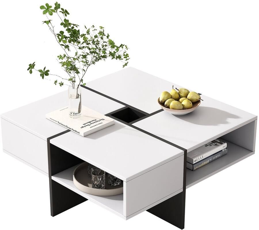 Merax Moderne Vierkante Salontafel 70x70x35cm – Zwart Wit Design met 5 Open Vakken en Middenopslag van 10x10cm Tot 30KG Belastbaar