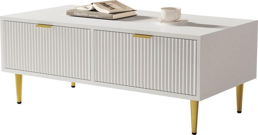 Merax Moderner weißer Couchtisch mit goldenen Akzenten 2 Schubladen vertikales Streifendesign 100*50*40cm Wohnzimmer Couchtisch Sofa Kurzschrank - Foto 3