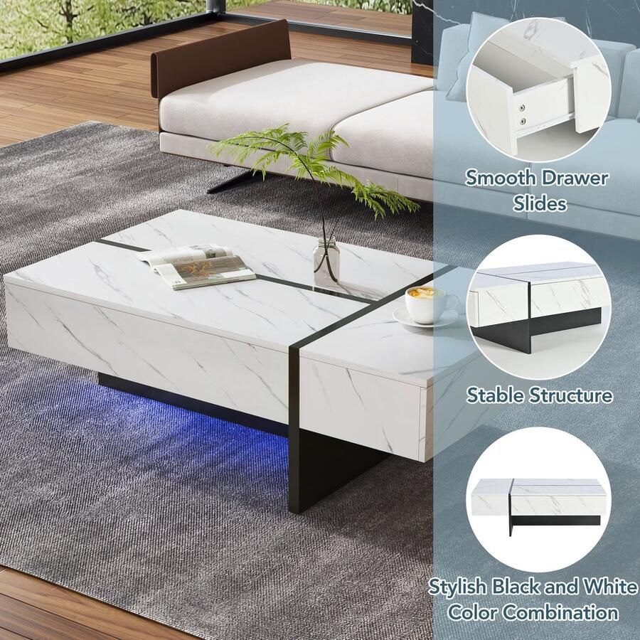 Merax Moderne Witte Salontafel met LED Verlichting Marmor Design en Hoogglans Afwerking – 105x60x35 cm Uniek Onregelmatig Ontwerp met 3 Opberg Lade voor Woonkamer - Foto 2