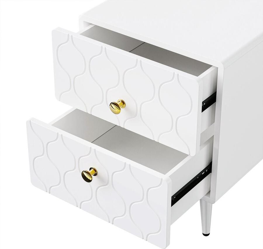 Merax Moderne Nachtkastjes – 2-Delige Set Witte Nachtkastjes met Wellenpatroon Vergulde Grepen en 2 Lades Met Stootvaste Hoeken en Gelakte Afwerking - Foto 2
