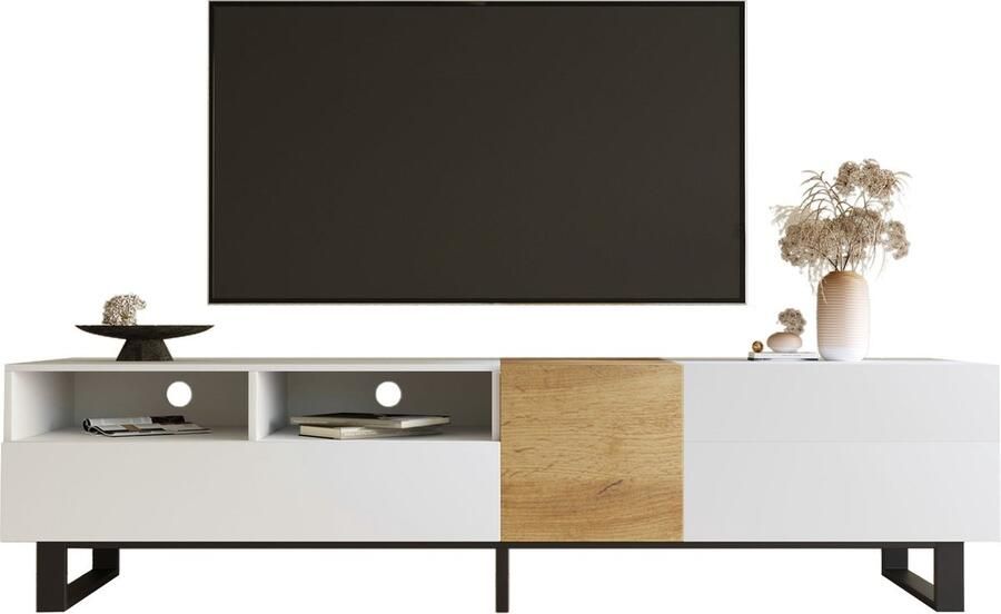 Merax TV-meubel 180x50x38 cm – Modern Minimalistisch Design Kast in Wit en Bruin – Stijlvol Woonkamermeubel