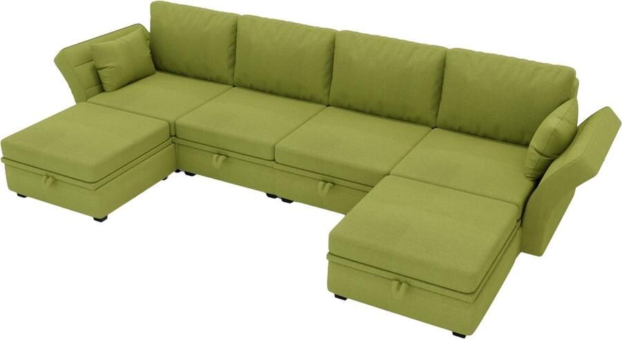 Merax Modulair 6-Zits Bankstel met Opslagruimte U-Bank met Verstelbare Armleuningen Bank voor 6 Personen Olijfgroen