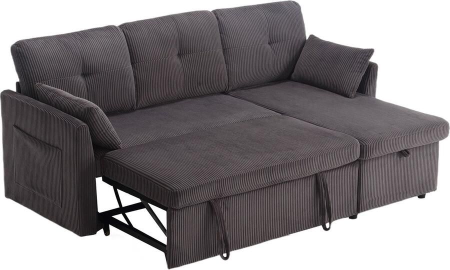 Merax Modulair Hoekbank Bed L-vormige Slaapbank met Opbergruimte en Uitschuifbaar tot Bed Velvet Stof – 3-zitsbank Multifunctioneel Bankstel met Chaise Longue Donkergrijs - Foto 4