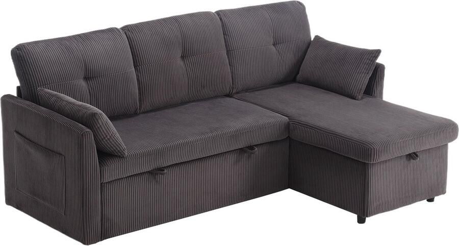 Merax Modulair Hoekbank Bed L-vormige Slaapbank met Opbergruimte en Uitschuifbaar tot Bed Velvet Stof – 3-zitsbank Multifunctioneel Bankstel met Chaise Longue Donkergrijs - Foto 3