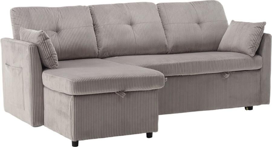 Merax Modulair Hoekbank – L-vormige Slaapbank met Opbergruimte en Uitschuifbaar tot Bed – Velvet Stof – 3-zitsbank – Multifunctioneel Bankstel met Verwisselbare Chaise Longue – Lichtgrijs