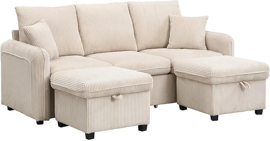 Merax Multifunctionele Hoekbank U-Vorm 3-Zits Slaapbank met Opbergruimte Inclusief Laden en Hocker met Opbergvak Modulair Deelbaar Sofa-Set met Slaapfunctie Cordstof Beige