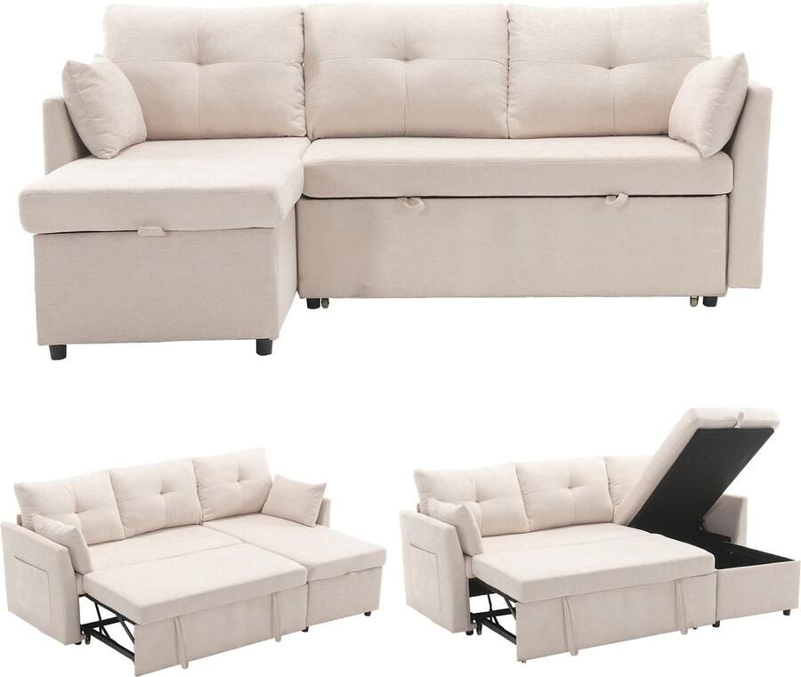 Merax Modulaire Hoekbank met 3 Zitplaatsen L-vormige Bank met Omkeerbare Chaise Lounge en Opbergruimte Modulair Beige