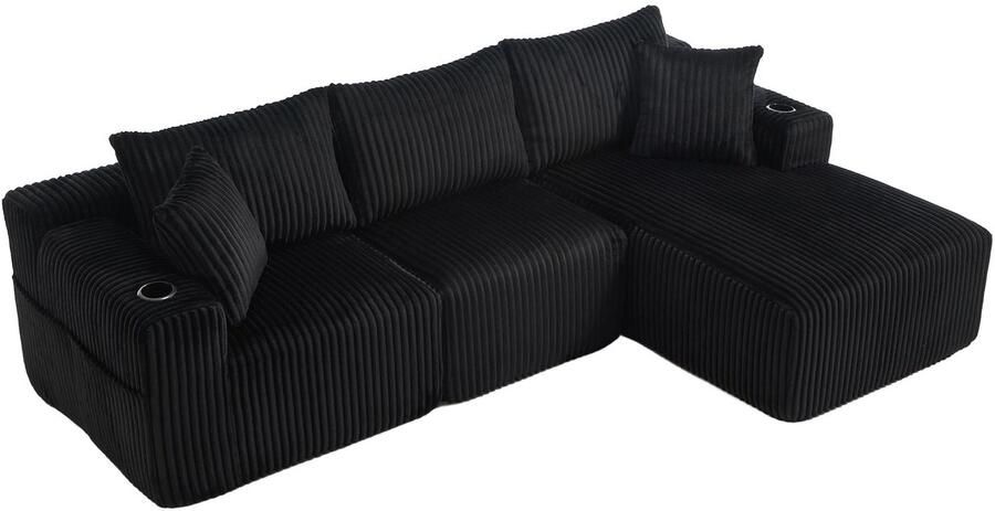 Merax Modulaire Hoekbank met Chaise Longue 2-zits Sofa Zachte Ribfluwelen Stof 5 Kussens Zijvakken en Bekerhouders Hoge Dichtheid Schuimvulling Ideaal voor Woonkamer of Appartement Zwart