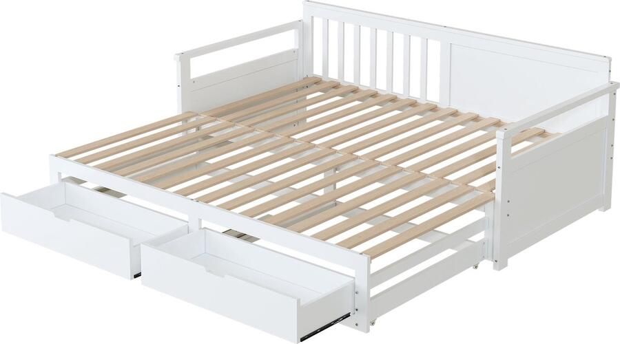 Merax Multifunctioneel Bed met Uitrolbed en Opberglades – 90x190 180x190 cm Houten Bed voor Kinderen en Volwassenen Wit