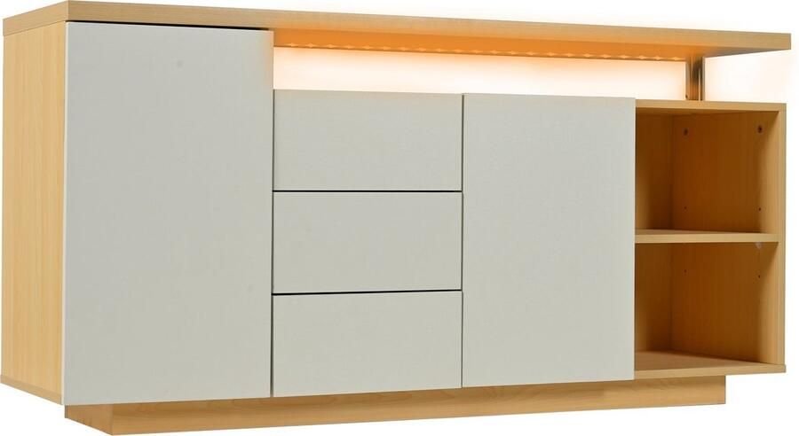 Merax Multifunktionales Sideboard Länge 140 cm weiß und Holzimitat 2 Türen 3 Schubladen 2 offene Fächer mit LED-Beleuchtung - Foto 3
