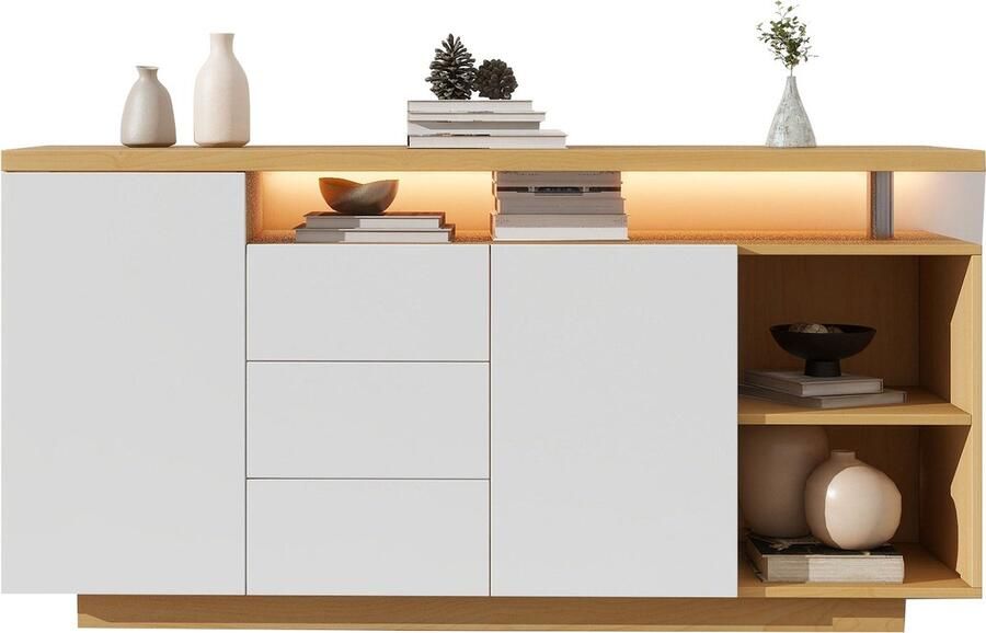 Merax Multifunktionales Sideboard Länge 140 cm weiß und Holzimitat 2 Türen 3 Schubladen 2 offene Fächer mit LED-Beleuchtung - Foto 2