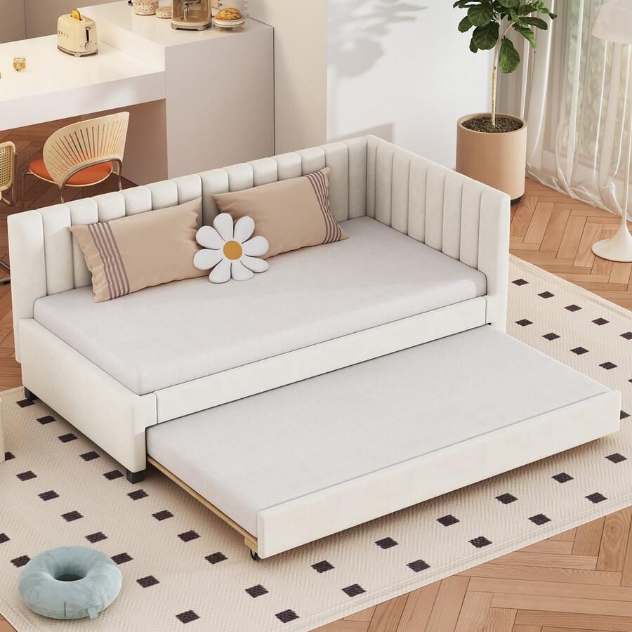 Merax Multifunctioneel gestoffeerd bed 90x200 cm – Uitklapbare Slaapbank met Lattenbodem Geschikt als Kinder Jongeren- en Gastenbed – Beige Samtstof