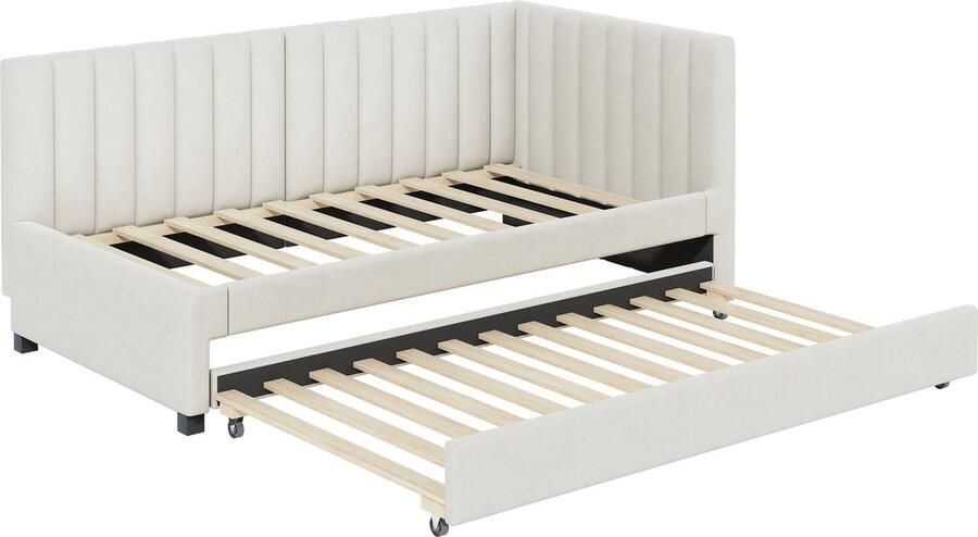 Merax Multifunctioneel gestoffeerd bed 90x200 cm – Uitklapbare Slaapbank met Lattenbodem Geschikt als Kinder Jongeren- en Gastenbed – Beige Samtstof - Foto 3