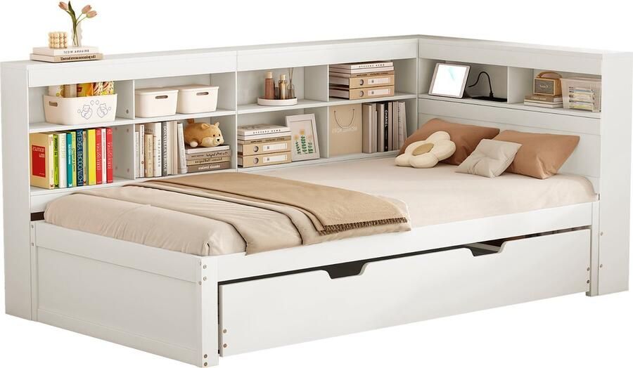 Merax Multifunctioneel Eenpersoonsbed 90x200 cm met USB-aansluiting en Opbergruimte – Wit Massief Houten Bed met Extra Uitschuifbaar Logeerbed