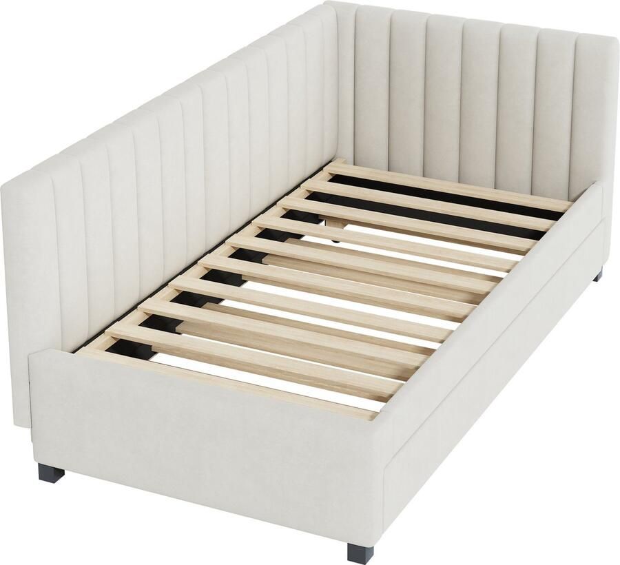 Merax Multifunctioneel gestoffeerd bed 90x200 cm – Uitklapbare Slaapbank met Lattenbodem Geschikt als Kinder Jongeren- en Gastenbed – Beige Samtstof - Foto 2