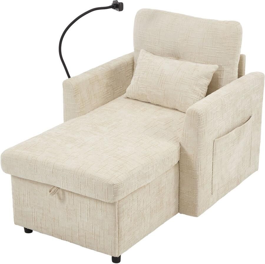 Merax Multifunctioneel Fauteuil Sofa Chenille Loungestoel met Verstelbare Rugleuning en Opbergruimte Beige