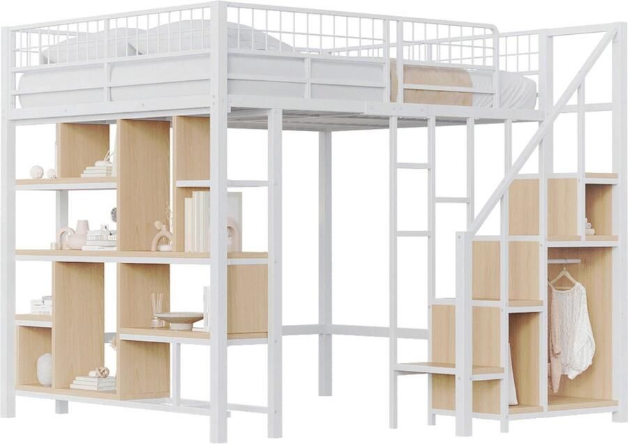 Merax Multifunctioneel Hoogslaper 140 x 200 cm – Bed van Metaal met Opbergruimte Planken en Trap Geschikt voor Volwassenen en Kinderen