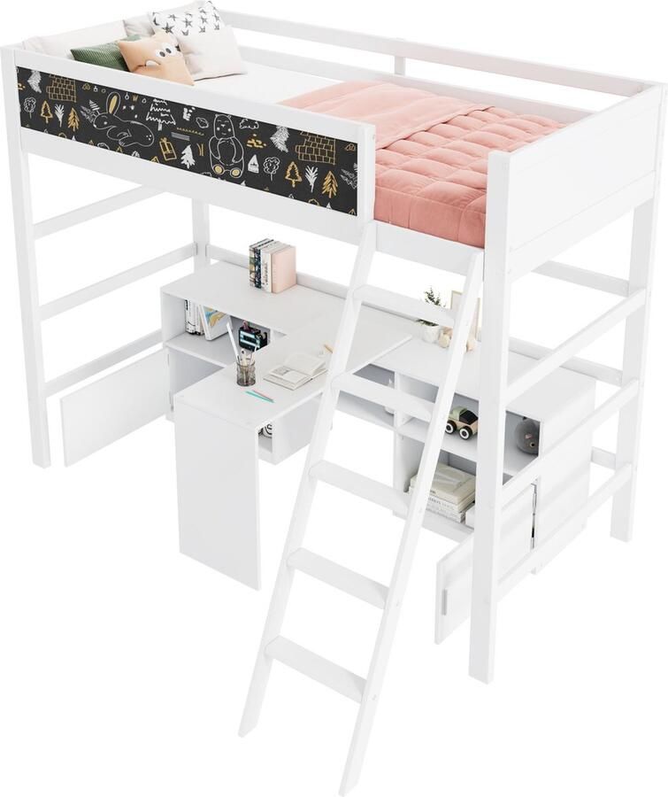 Merax Multifunctioneel Kinderbed 90x200 cm Eenpersoonsbed Hoogslaper met Verplaatsbare Tafel en Opbergruimte Wit