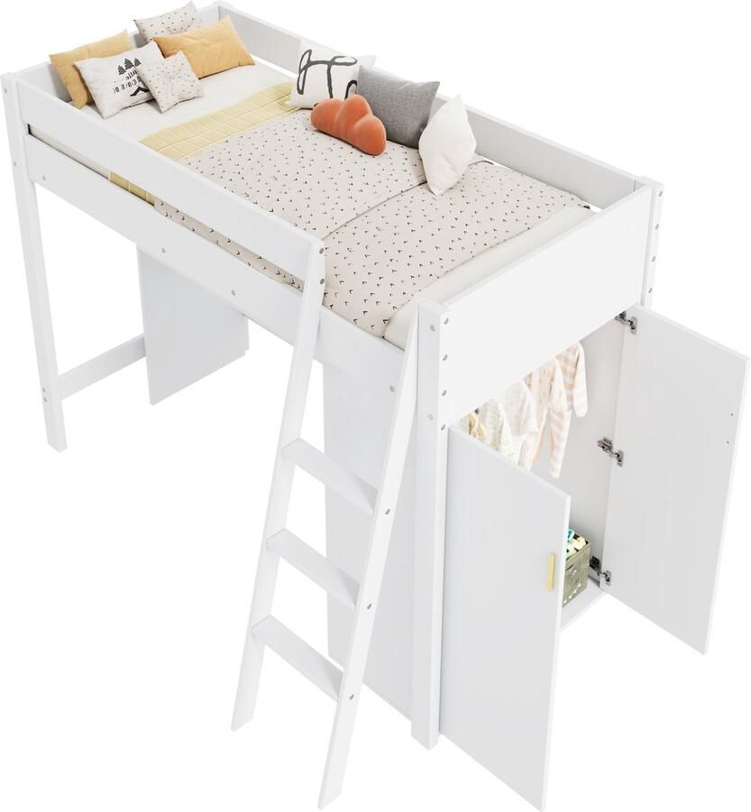 Merax Multifunctioneel Kinderbed 90x200 cm Stapelbed met Ladder Schrijftafel en Kast Massief Hout Wit