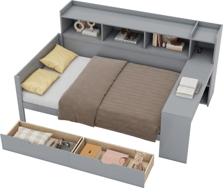 Merax Multifunctioneel Slaapbankbed 90x200 cm – Dagbed met USB-Aansluiting Opbergruimte 2 Lades en Bureau – Grijs
