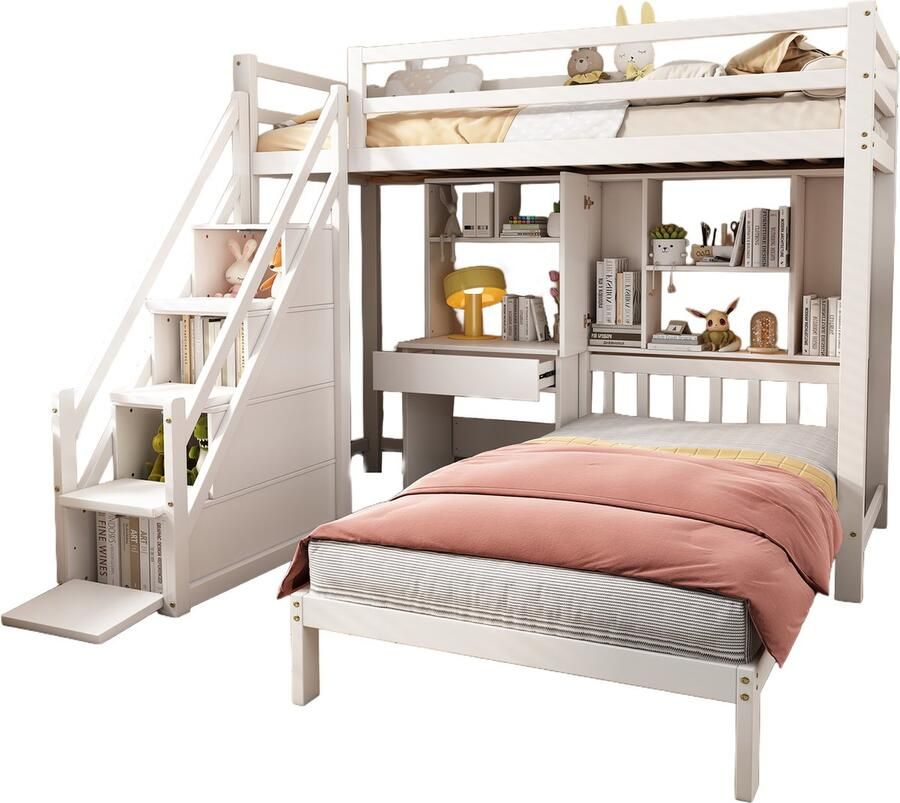 Merax Multifunctioneel Stapelbed voor Kinderen met Bureau Opbergruimte en Lattenbodem Wit 90 x 200 cm