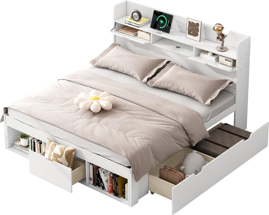 Merax Multifunctioneel Tweepersoonsbed 160x200 cm – Inclusief USB-aansluiting Opberglades en Kasten – Wit – Zonder Matras