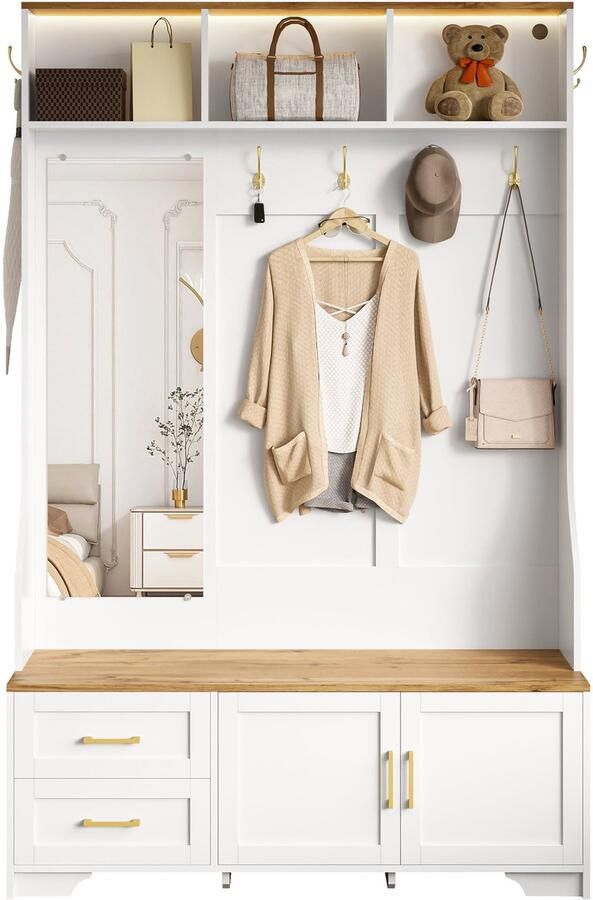 Merax Multifunctionele Hal- & Schoenenkast met LED-Verlichting Spiegel Haken en Schubladen Modern Garderobekast voor Ingang & Hal met Opbergruimte en Zitgedeelte